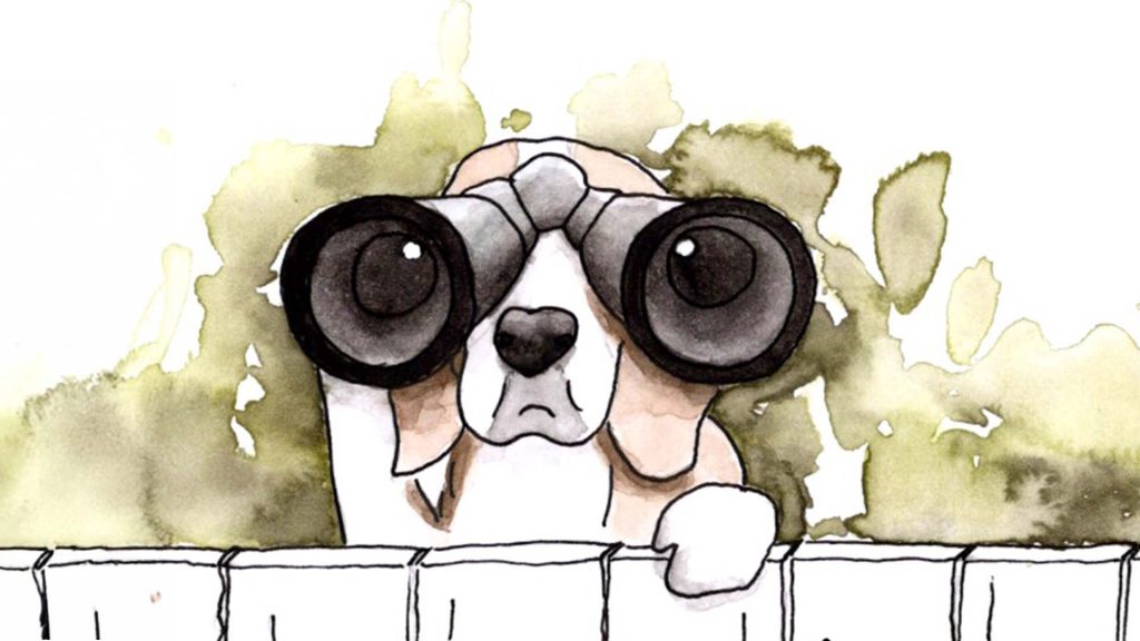 Illustrative Darstellung eines Beagle , der mit einem Fernglas über einen Zaun Ausschau hält