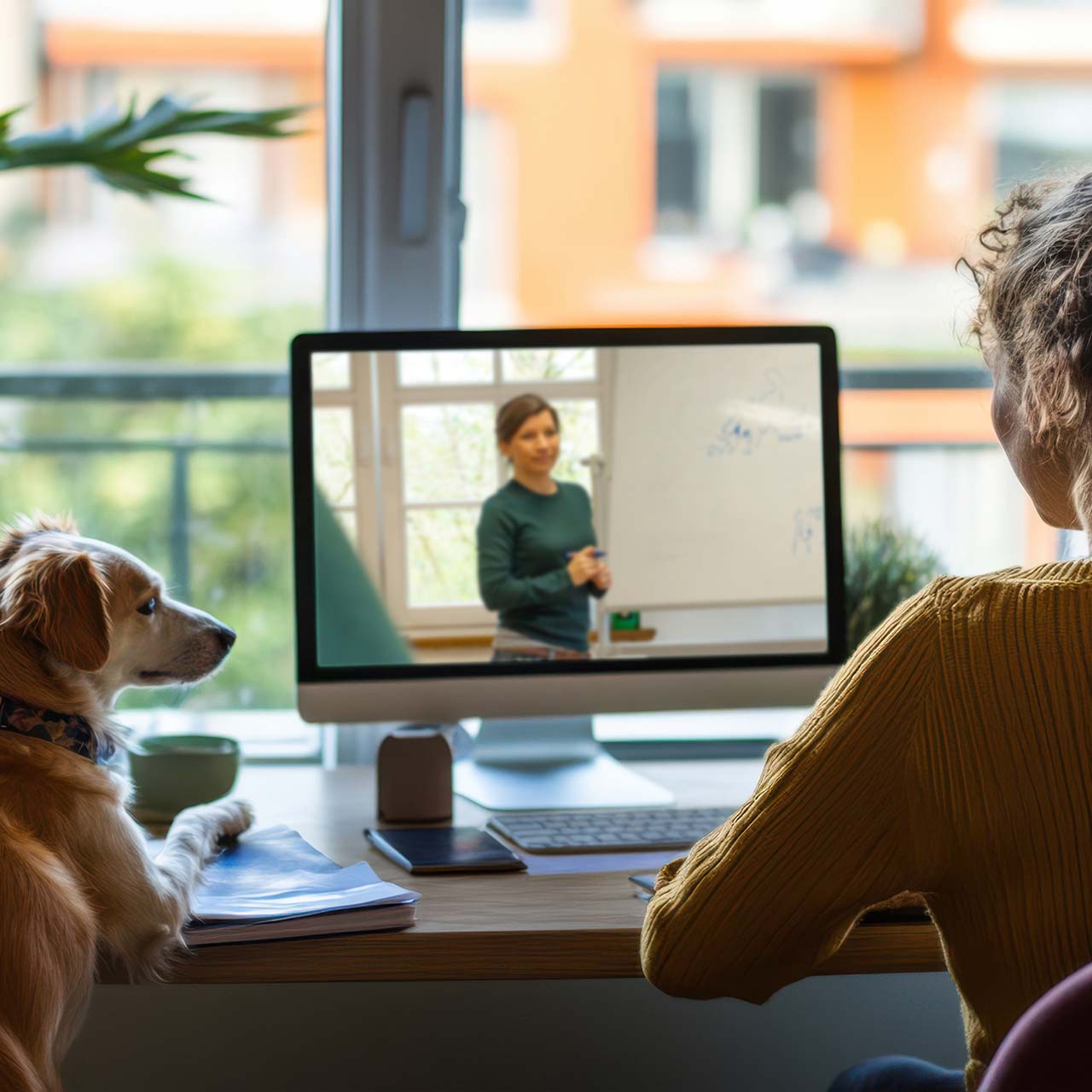 Interessiert Hundehalterin sitzt mit ihrem Hund vor einem Desktop und schaut sich ein Webinar mit Tina Ziemer-Falke an.