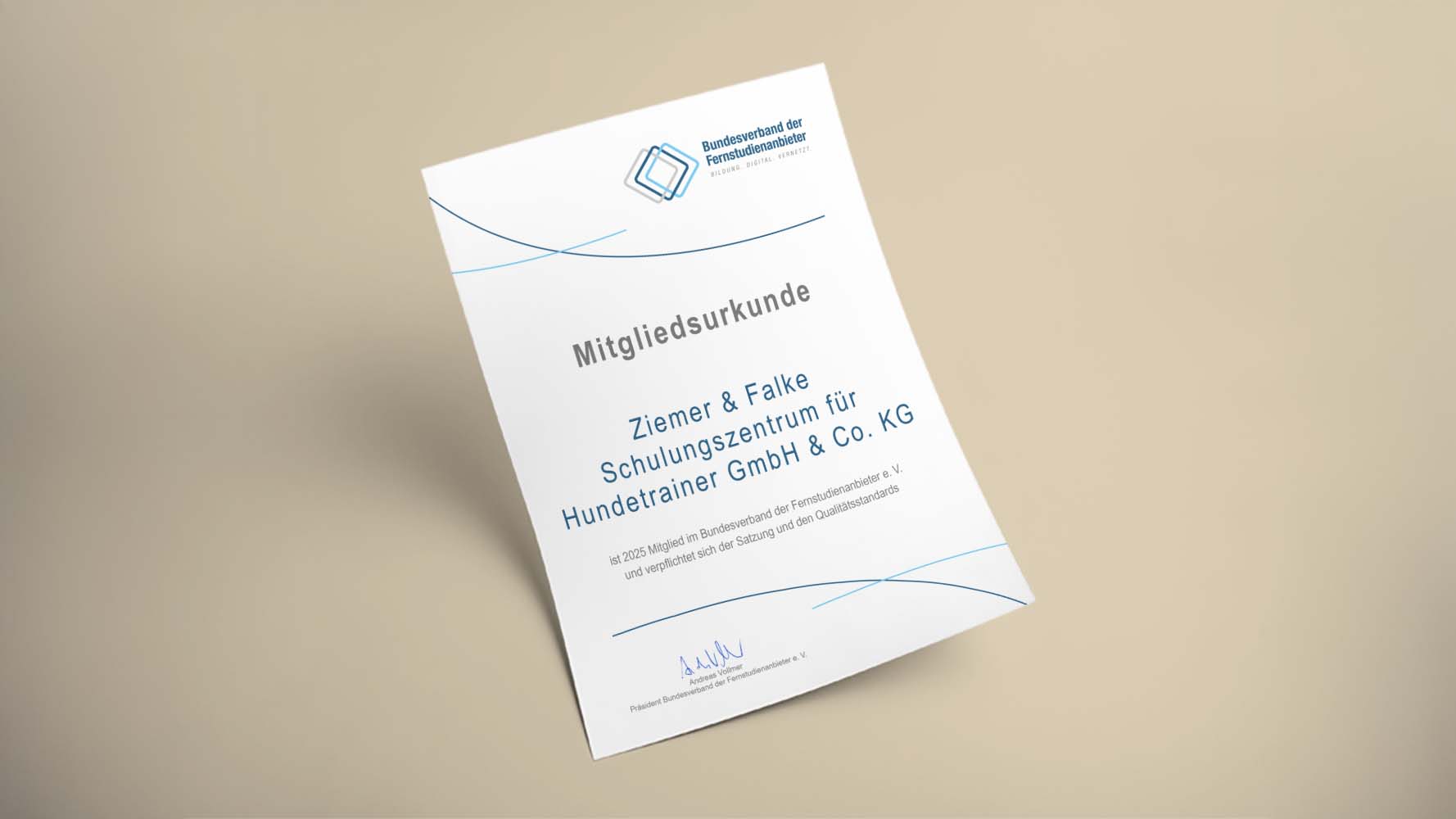 Weiße Mitgliedsurkunde, leicht schräg auf beigem Hintergrund liegend; oben blaues Logo des Bundesverbands der Fernstudienanbieter, Titel "Mitgliedsurkunde", in Blau der Firmenname "Ziemer & Falke Schulungszentrum für Hundetrainer GmbH & Co. KG", dekorative blaue Wellenlinien und Unterschrift am unteren Rand.