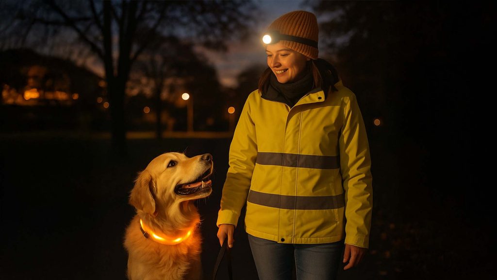Frau mit Hund an der Leine sicher durch die Dunkelheit