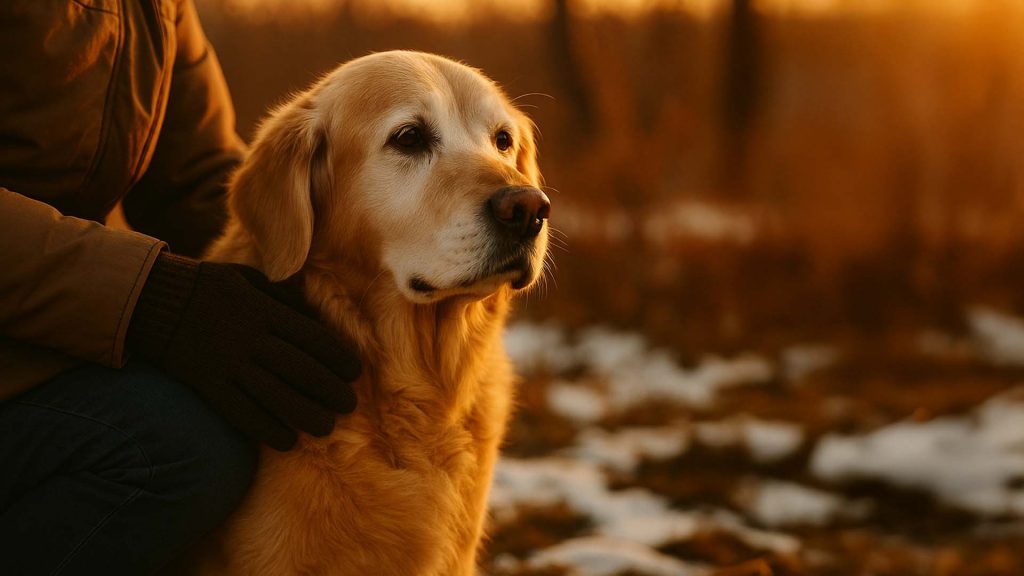Seniorenhund mit Halterin draußen im Winter