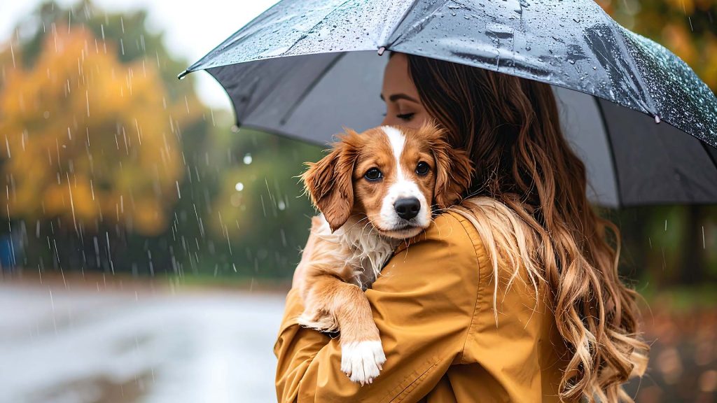 Frau mit Hund auf dem Arm und Regenschirm draussen im Regen