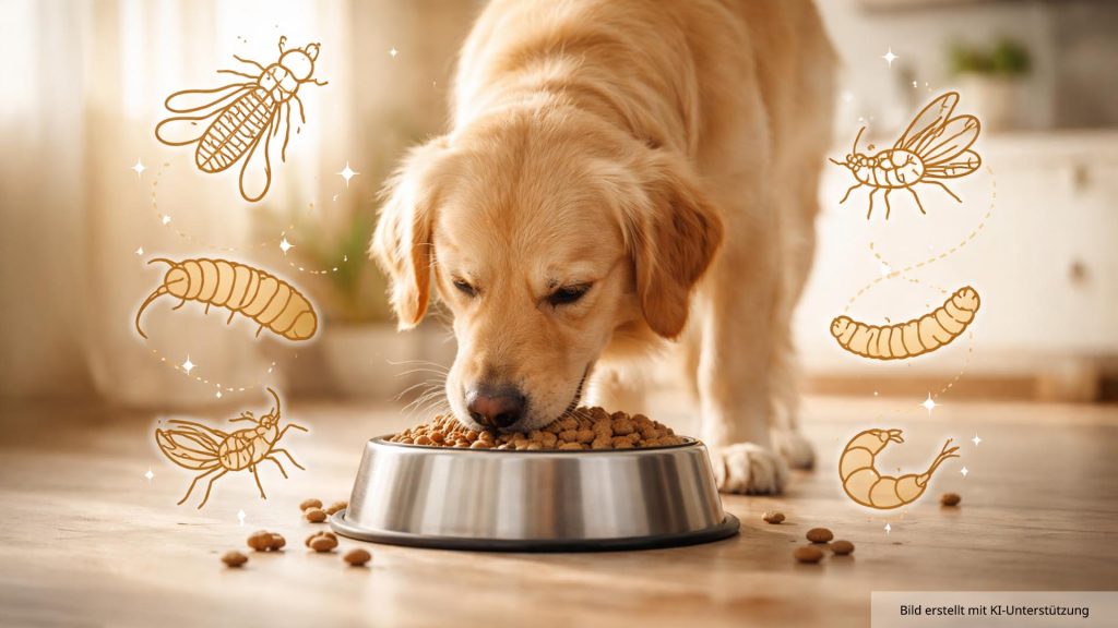 Golden Retriever frisst Trockenfutter aus einem Napf, umgeben von stilisierten Insekten-Grafiken als Symbol für Insektenfutter für Hunde.
