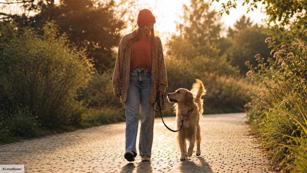 Eine junge Frau geht bei warmem Abendlicht mit einem Golden Retriever an der Leine über einen gepflasterten Weg, umgeben von üppigem Grün und Bäumen.