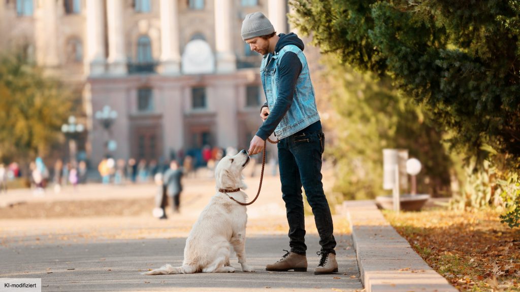 Junger Mann gibt seinem Golden Retriever in einem Park ein Leckerli.