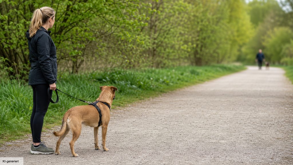 Halterin beobachtet mit ihrem angeleinten Hund eine Begegnung aus sicherem Abstand.