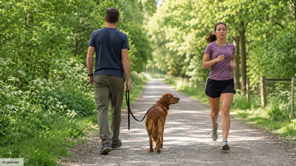 Eine Joggerin läuft als möglicher Auslöser nah an einem Halter mit seinem vorbei