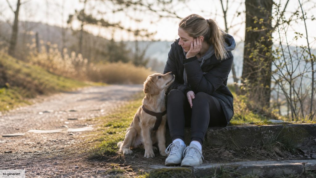 Hundehalterin sitzt nachdenklich mit ihrem jungen Hund bei einem Spaziergang.