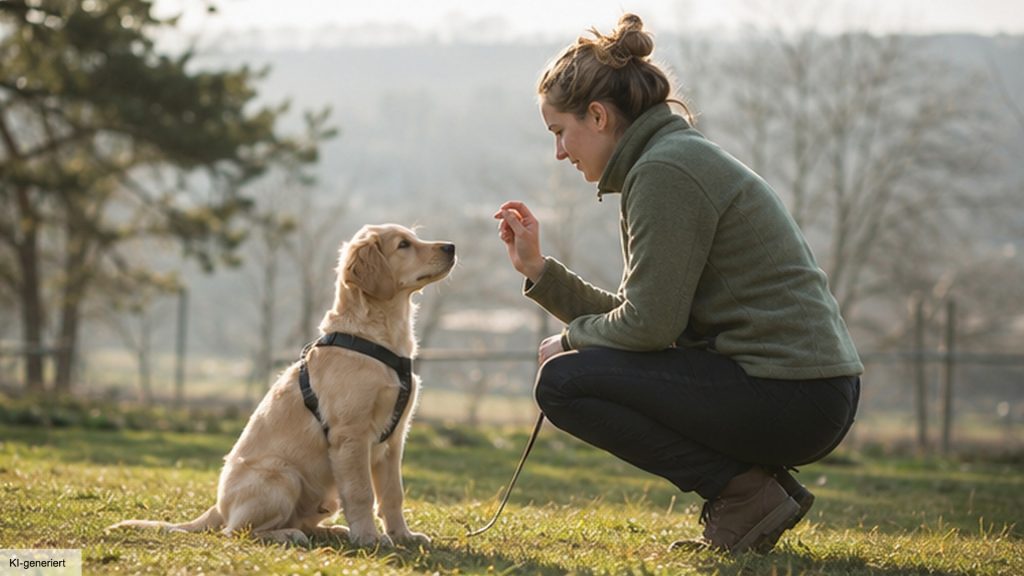 Hundehalterin trainiert eine kleine Übung mit ihrem jungen Hund auf dem Übungsplatz